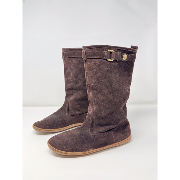 Coach Womens Boots Brown Maressa Suede Mid Calf Monogram Logo Buckle US 7.5 B - Picture 4 of 10